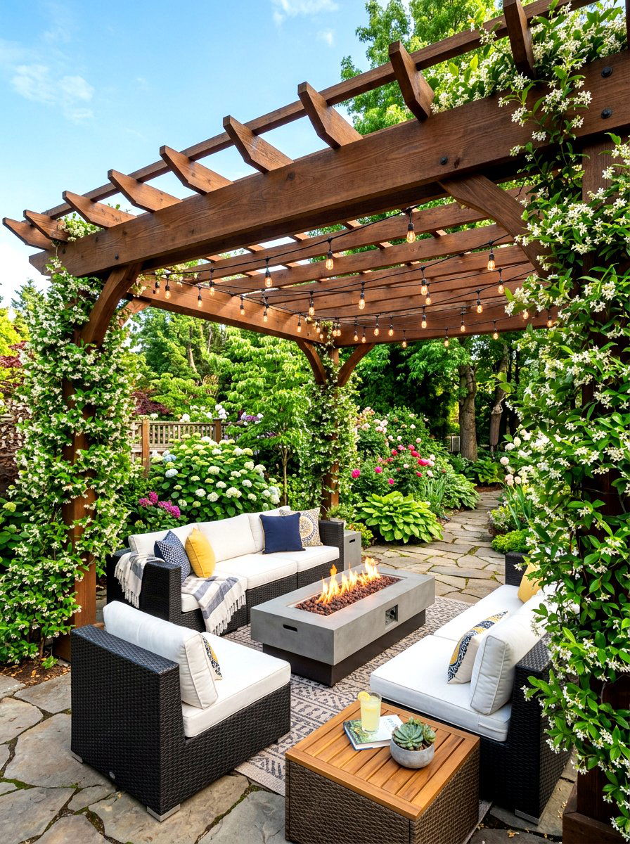Pergola gas fire pit - 30 gas fire lounge patio ideas