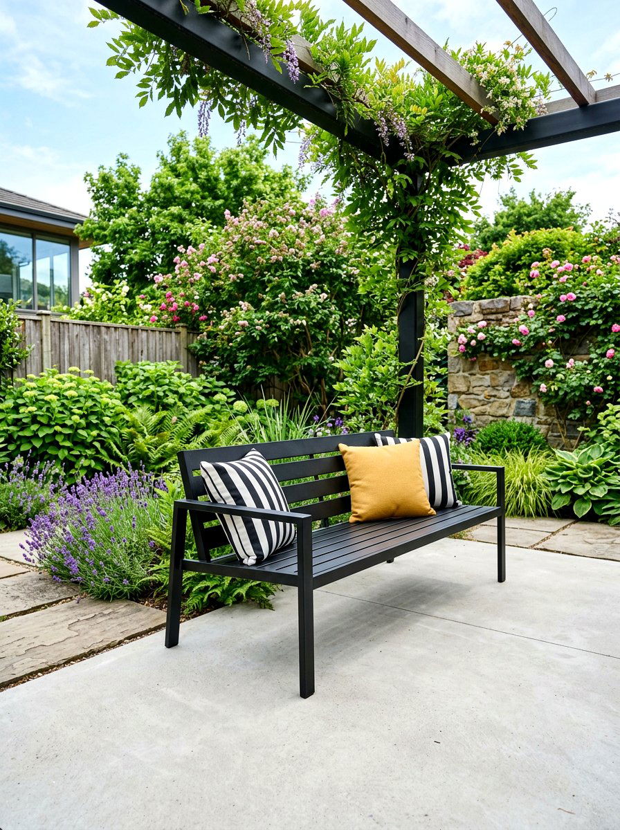 Pergola metal bench - 30 pergola seating ideas