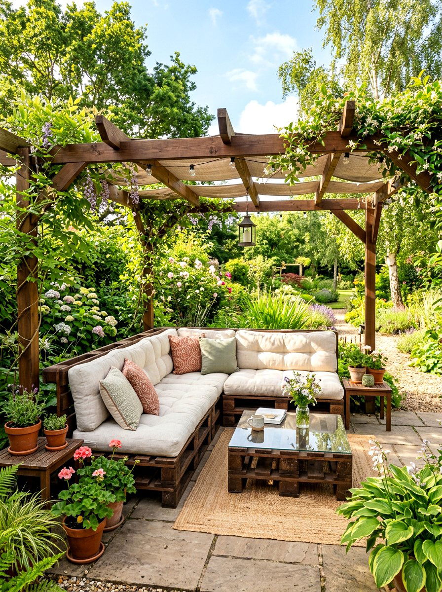 Pergola pallet seating - 30 pergola seating ideas