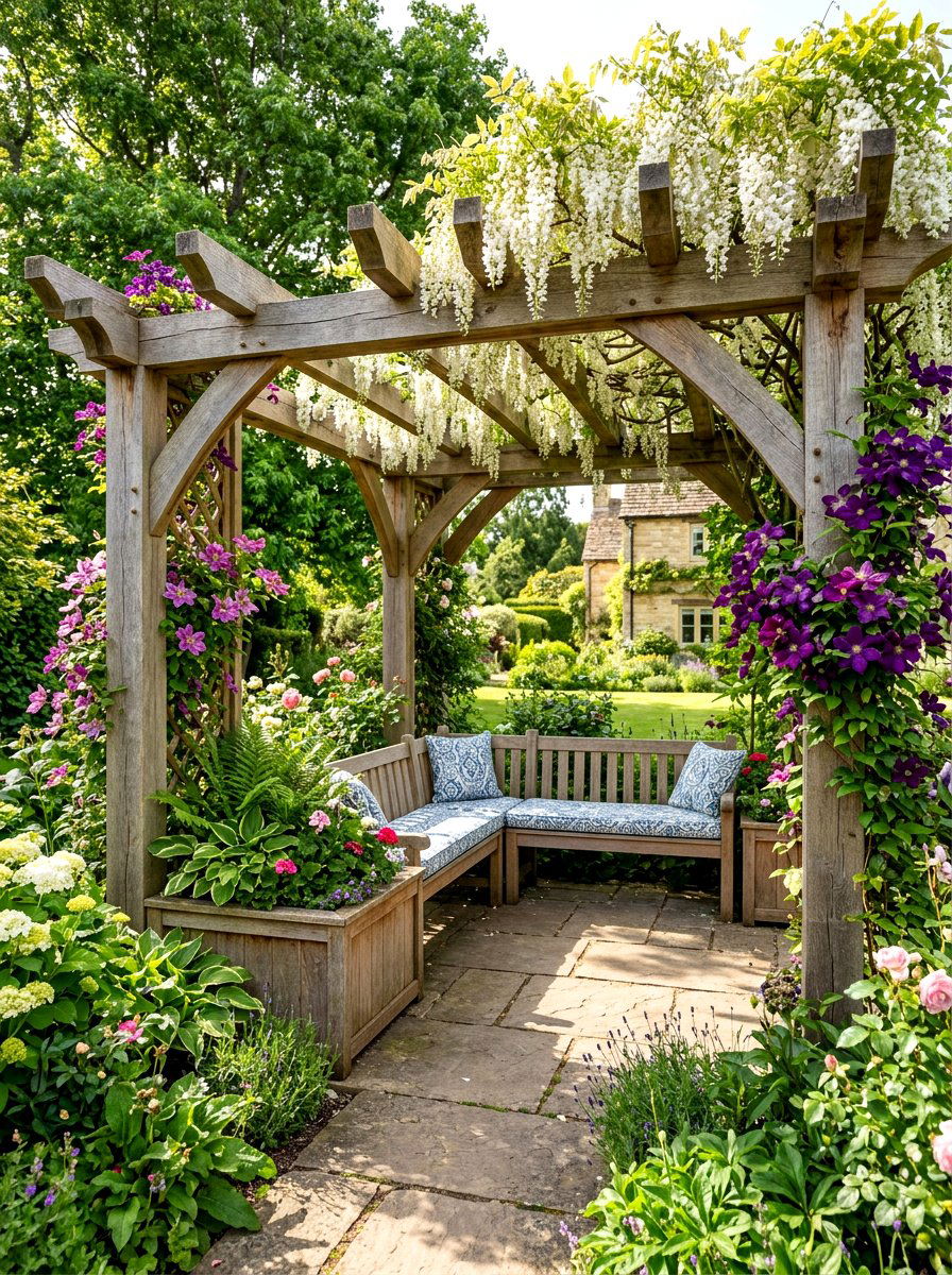 Pergola planter bench - 30 patio bench with planter ideas