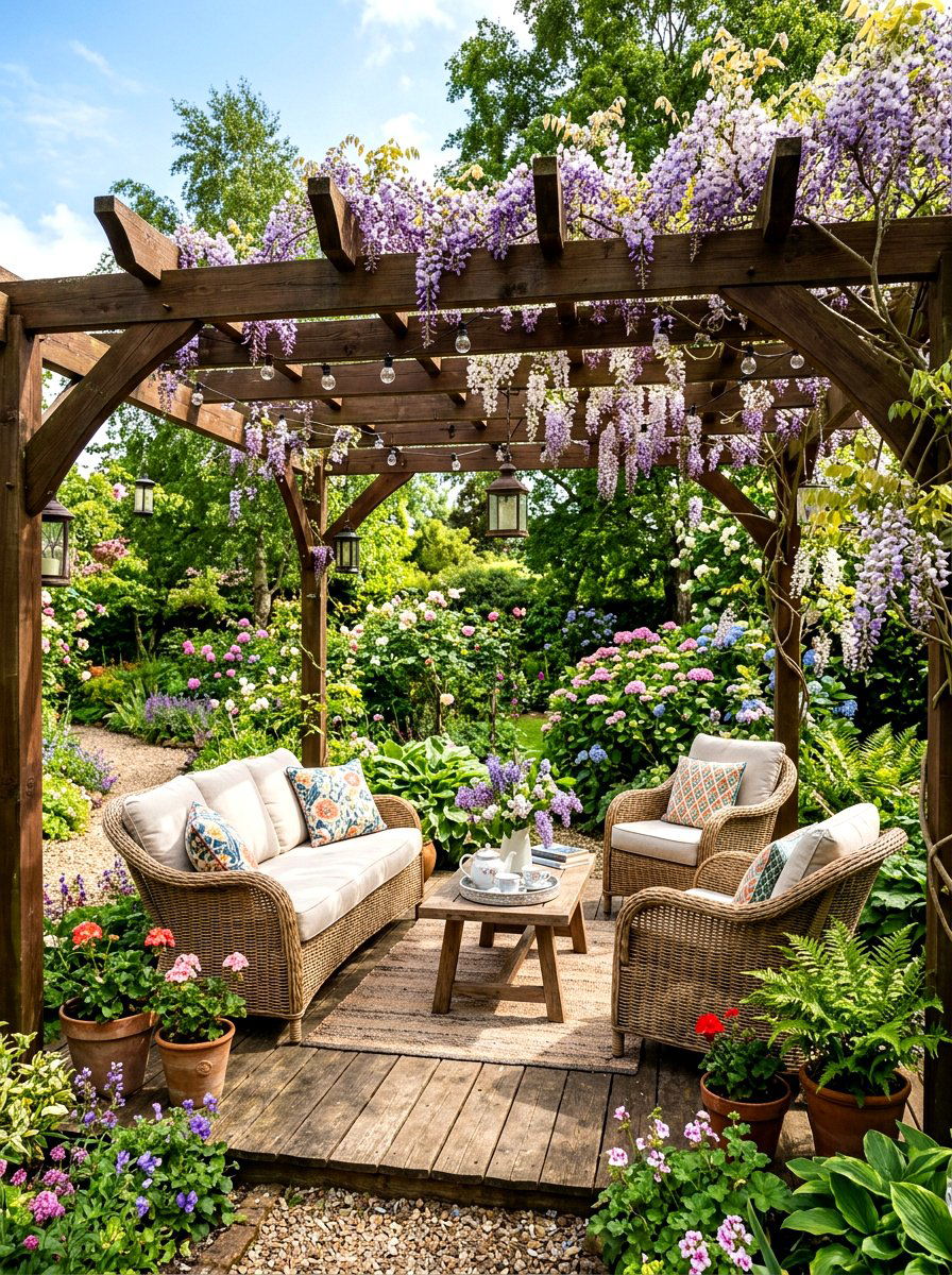 Pergola seating area - 30 backyard club lounge ideas
