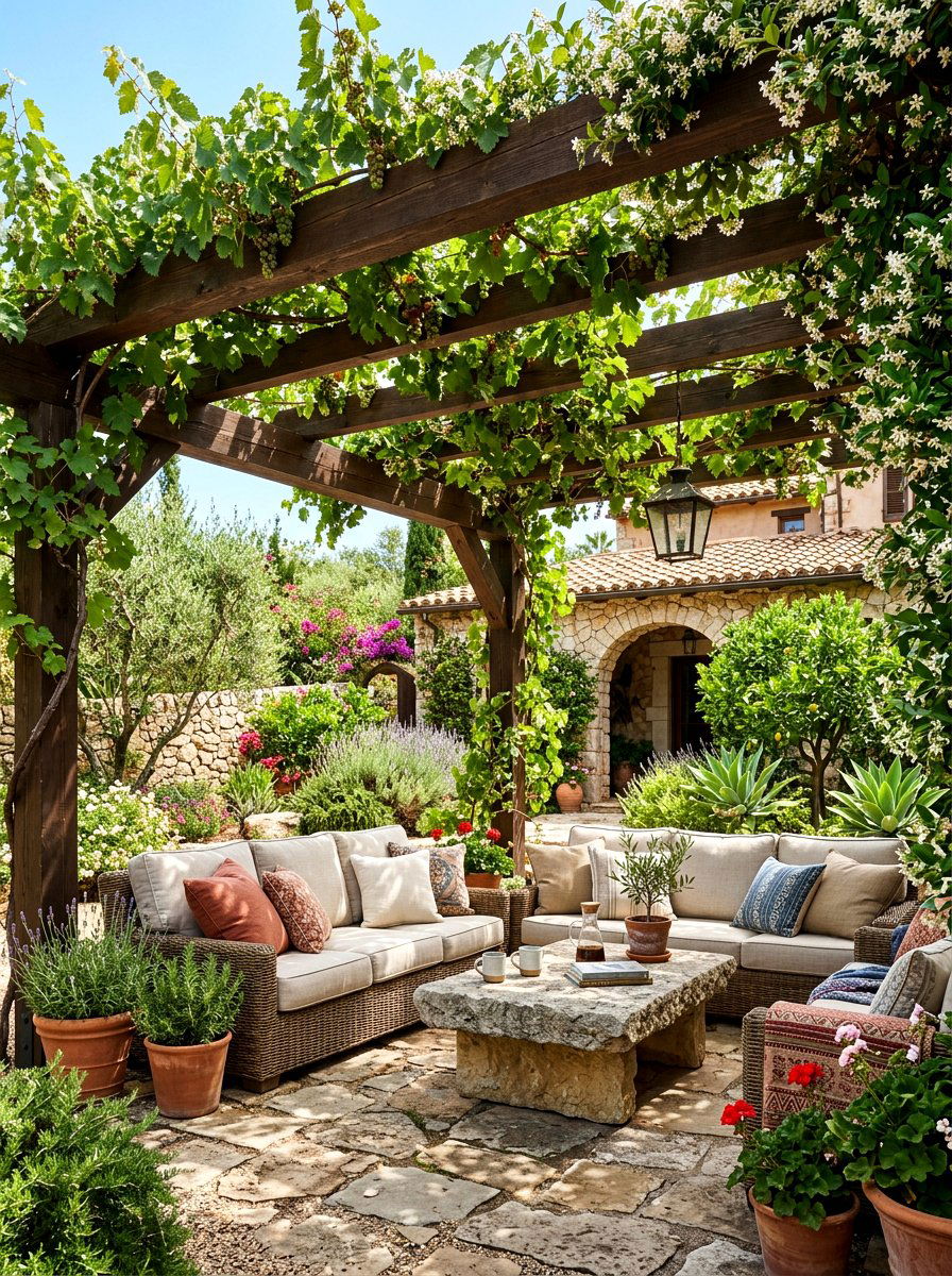 Pergola shade courtyard - 30 Mediterranean front courtyard ideas