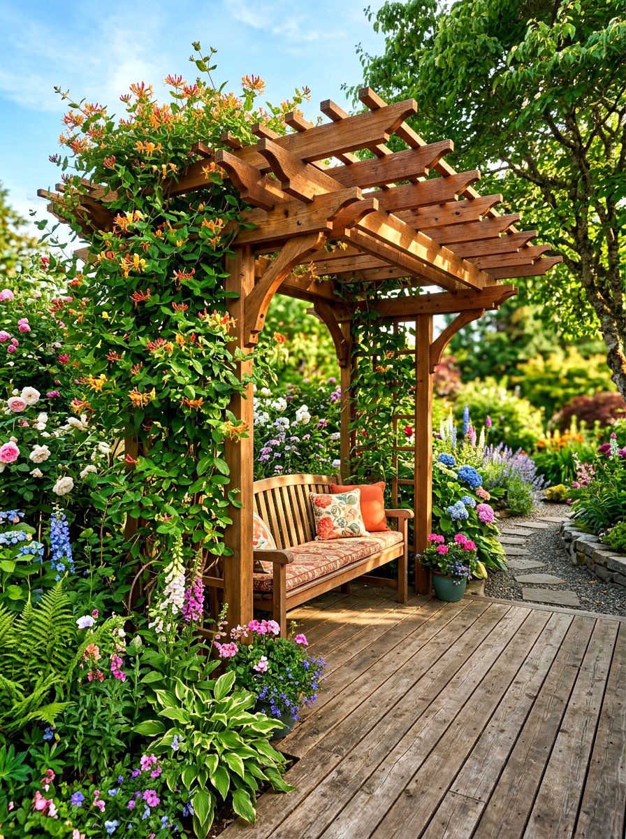 Pergola style arbor bench - 30 garden arbor seating ideas