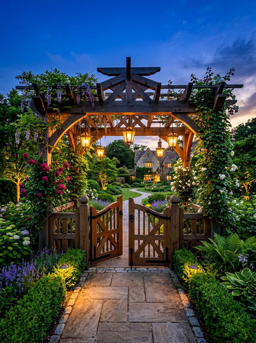Pergola top garden gate - 30 cottage gate curb appeal ideas