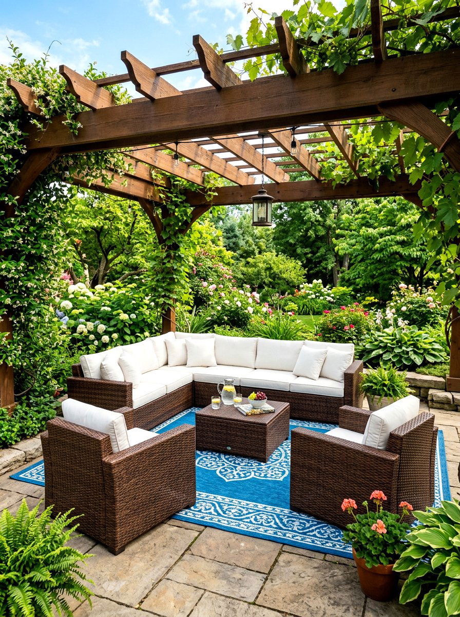 Pergola wicker furniture - 30 pergola seating ideas