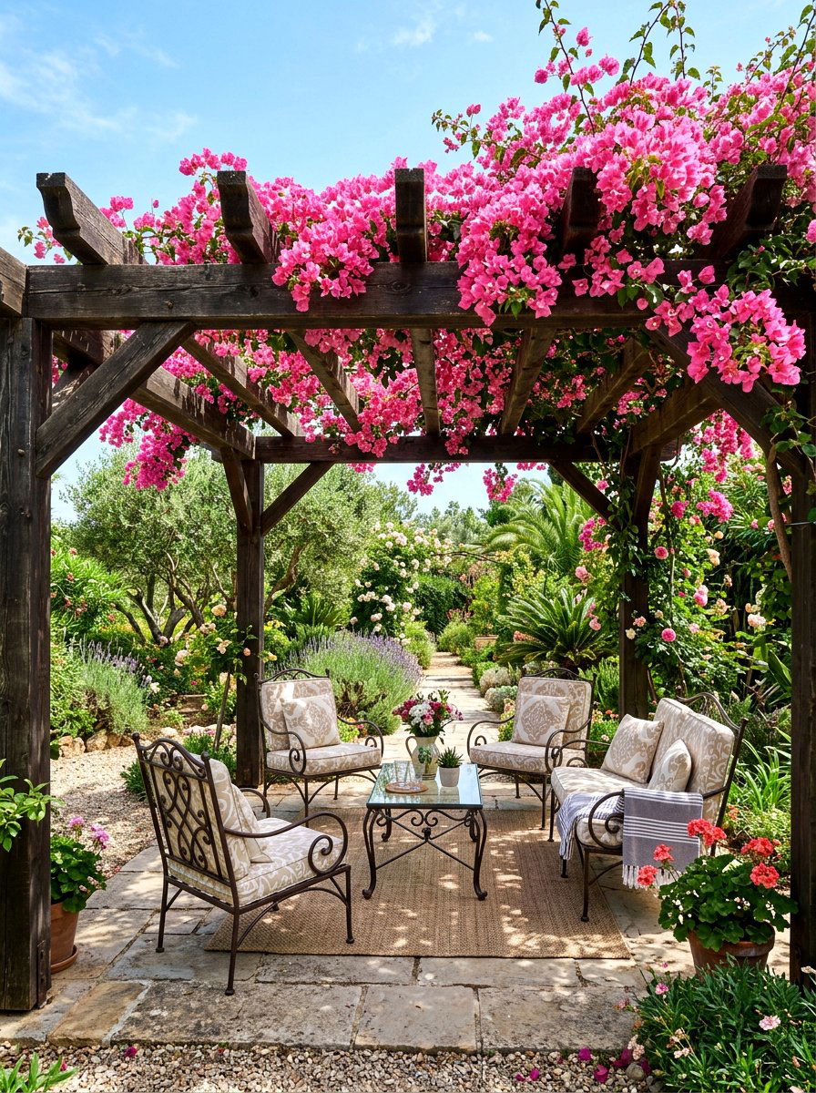 Pergola with Bougainvillea - 30 Mediterranean backyard lounge ideas
