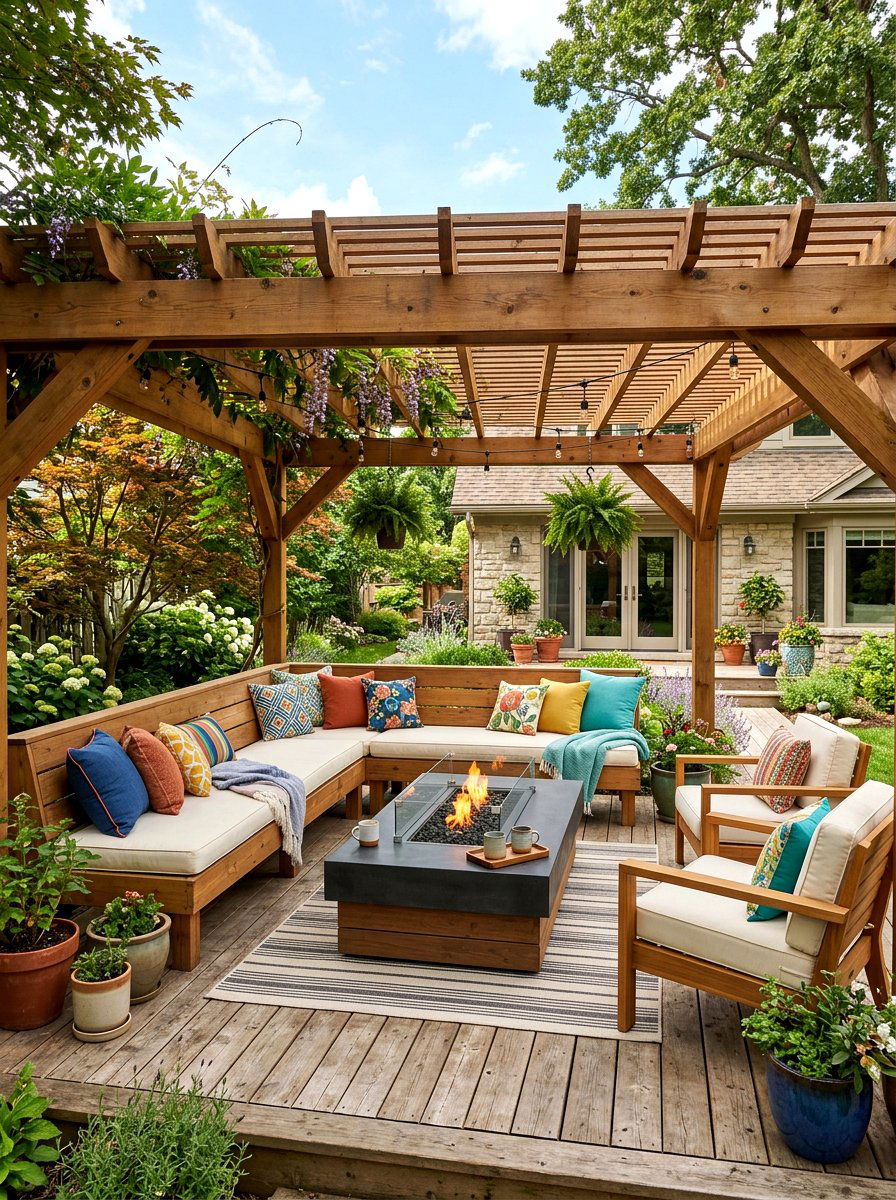 Pergola with built in benches - 30 pergola lounge area ideas