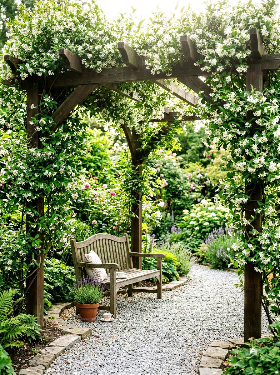 Pergola with climbing jasmine vines - 30 pergola lounge patio ideas