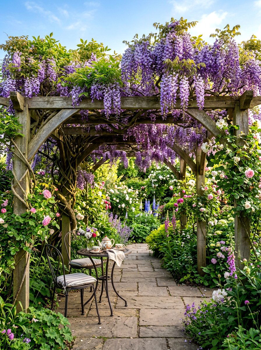 Pergola with climbing plants - 30 deck shade ideas
