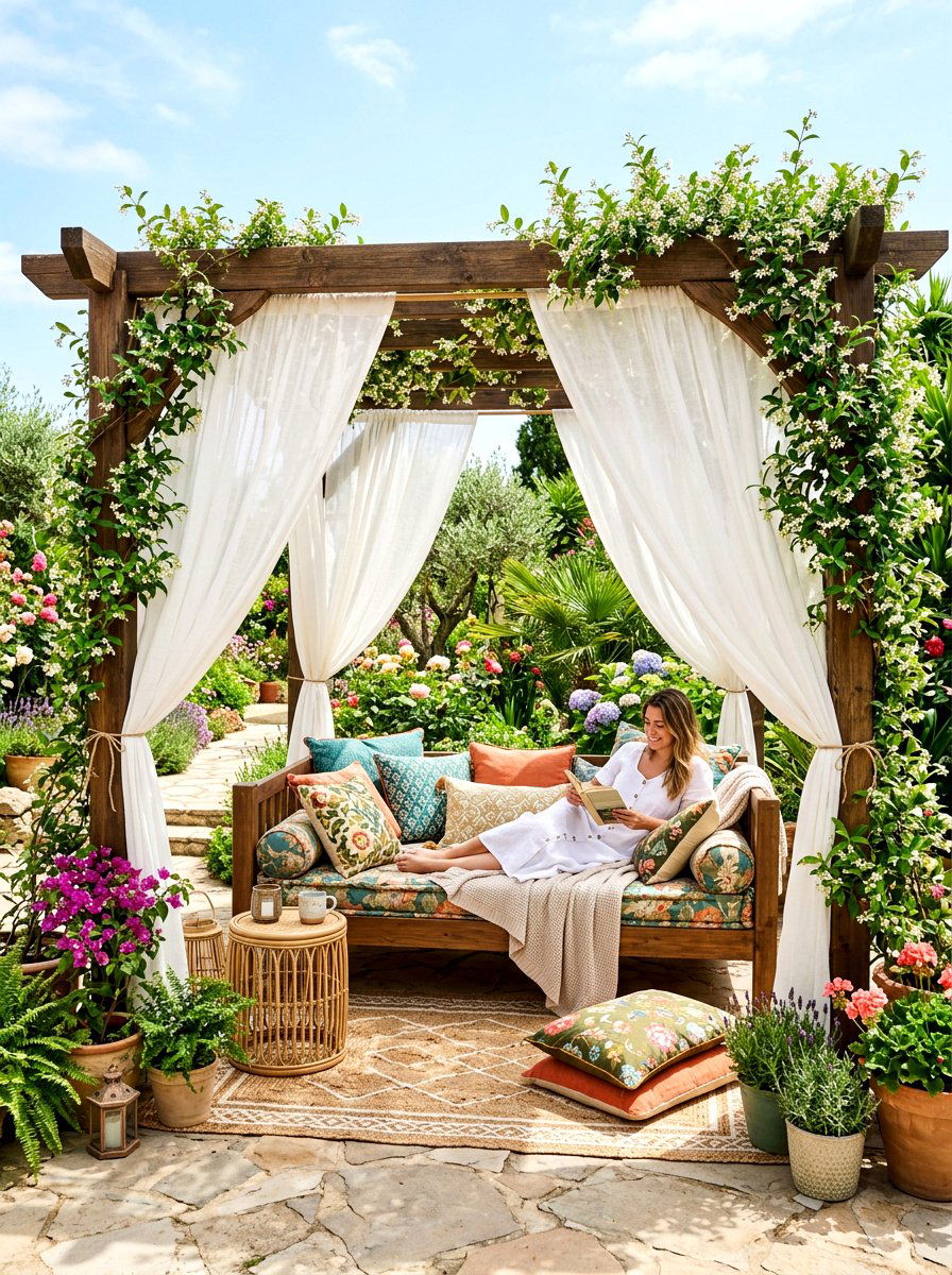 Pergola with curtains - 30 patio lounge ideas