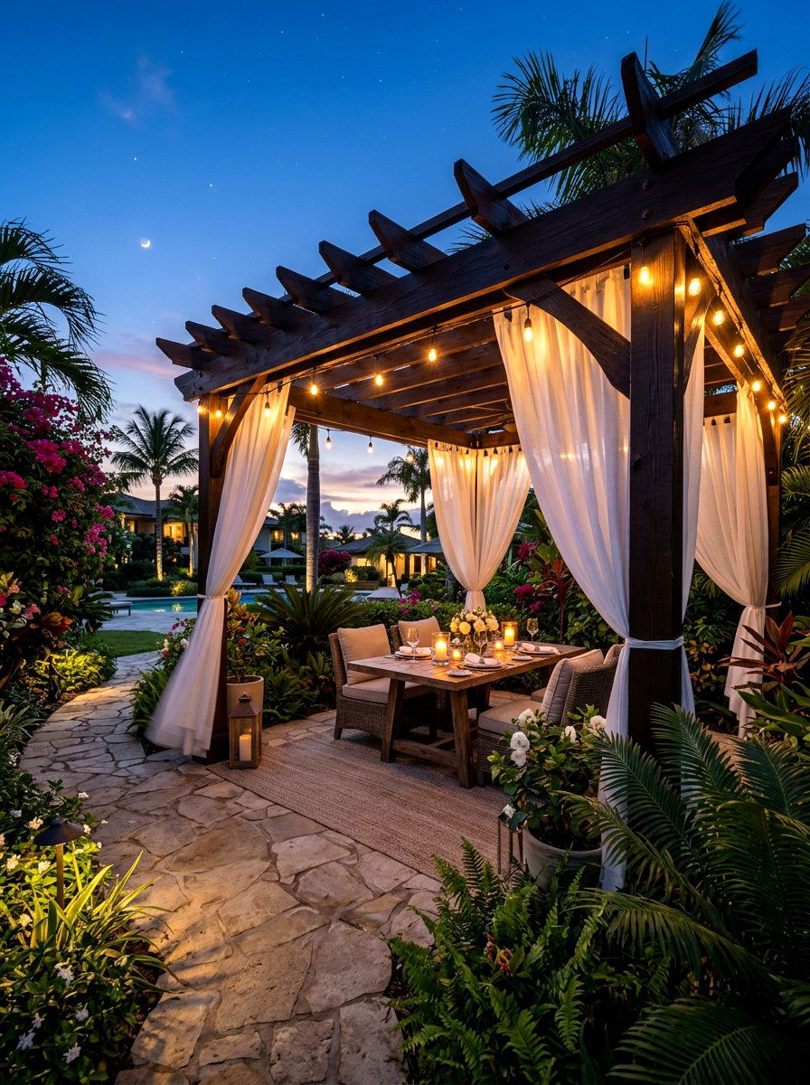 Pergola with curtains - 30 moonlight backyard ideas