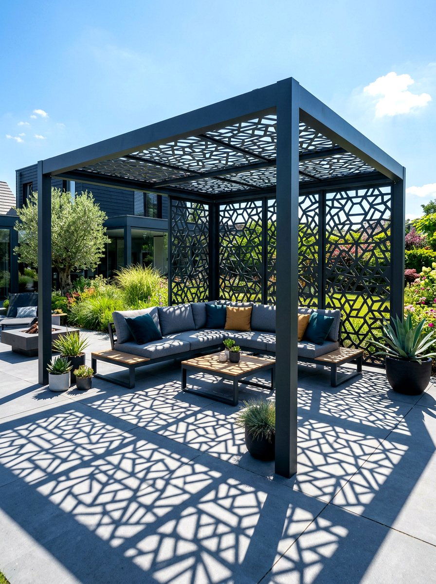 Pergola with decorative metal screens - 30 pergola lounge patio ideas