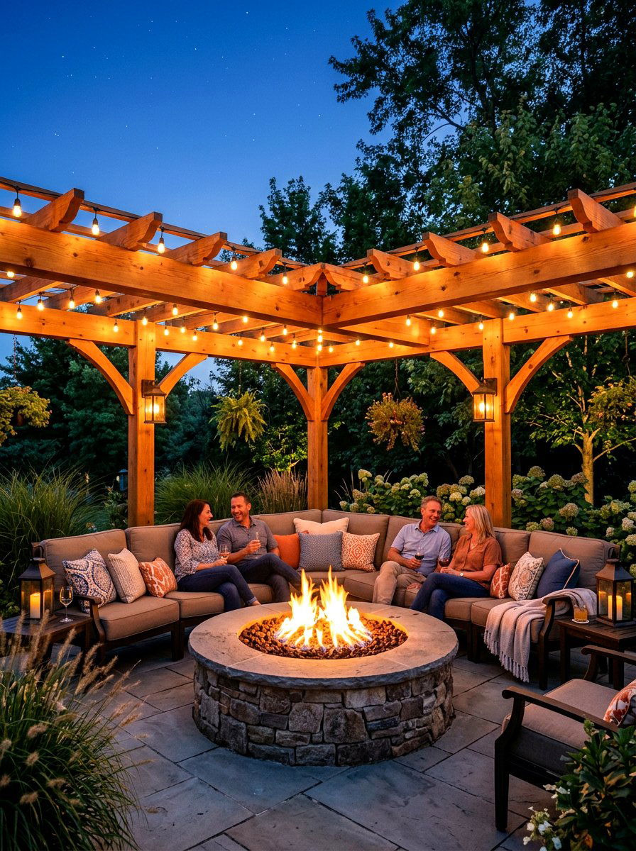 Pergola with fire pit - 30 pergola lounge area ideas