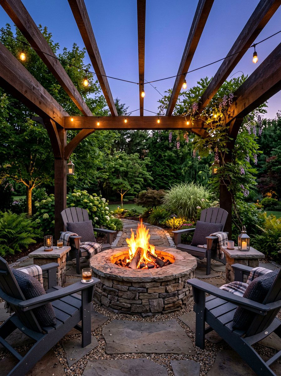 Pergola with fire pit layout - 30 open pergola seating ideas