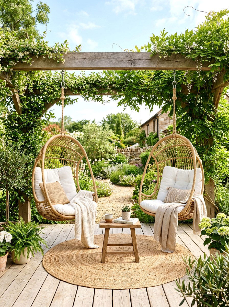 Pergola with hanging chairs - 30 pergola lounge area ideas