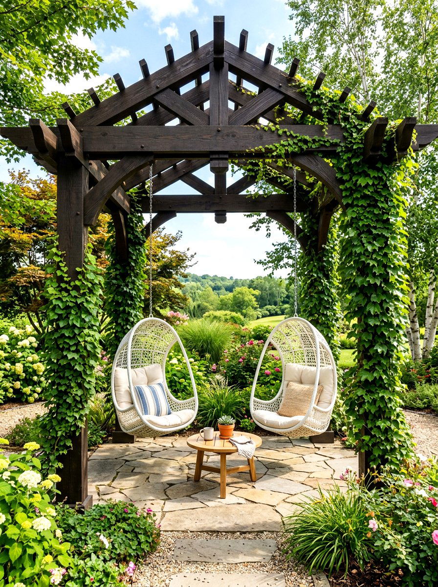 Pergola with hanging chairs - 30 patio conversation area ideas