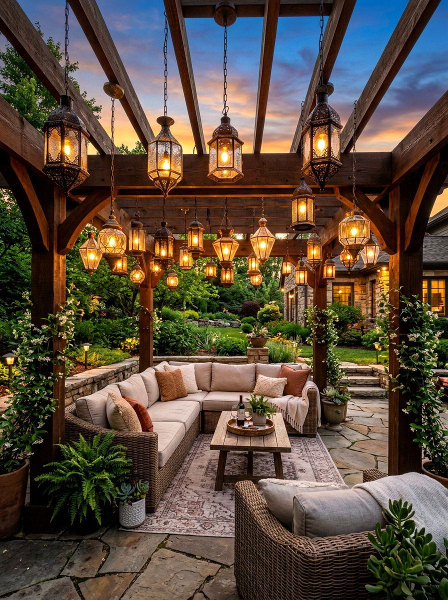 Pergola with hanging lanterns - 30 starlit patio hosting ideas