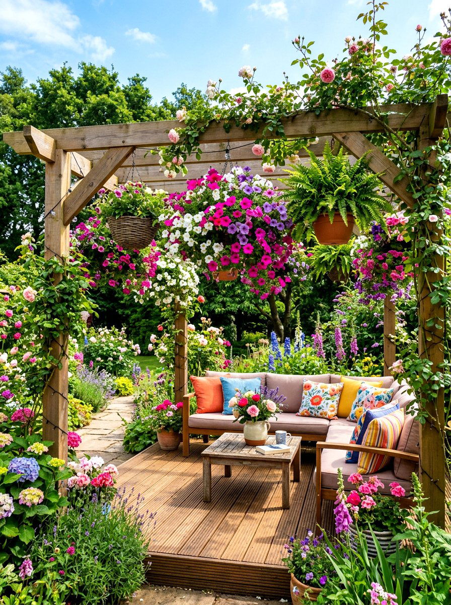 Pergola with hanging plant baskets - 30 pergola lounge patio ideas