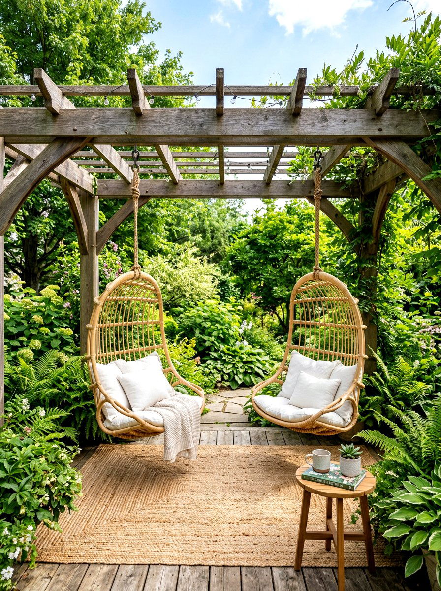 Pergola with hanging swing chair - 30 pergola lounge patio ideas