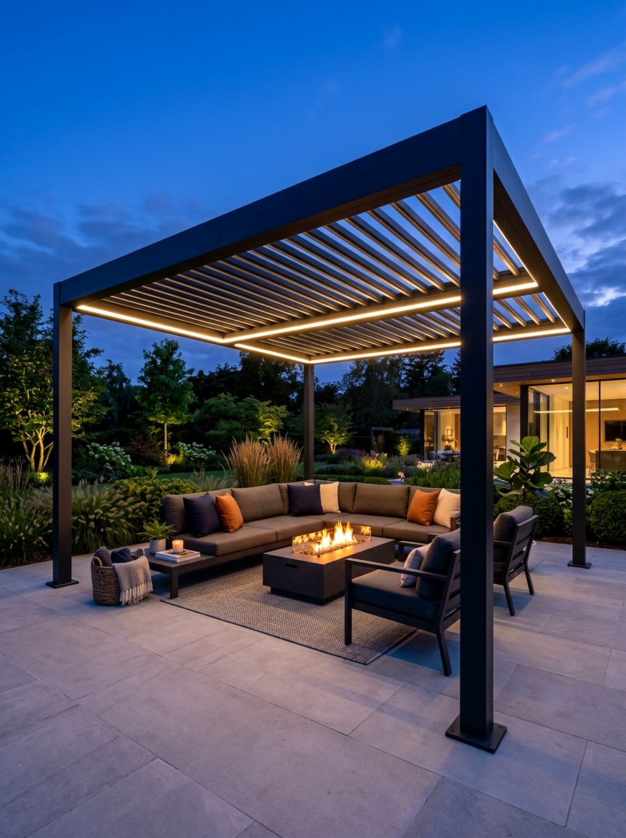 Pergola with integrated led lighting - 30 pergola lounge patio ideas