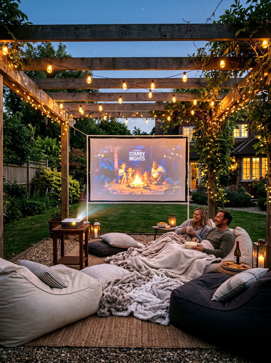 Pergola with outdoor cinema - 30 pergola lounge area ideas