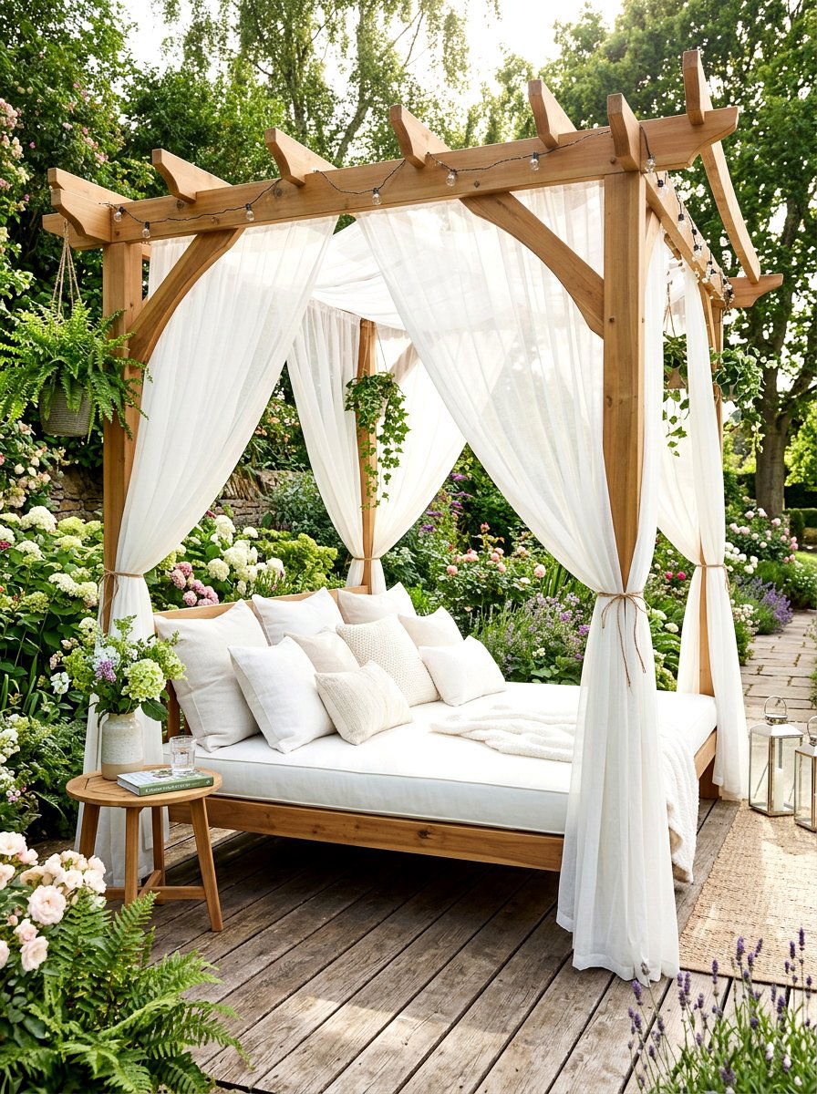 Pergola with outdoor daybed - 30 open pergola seating ideas