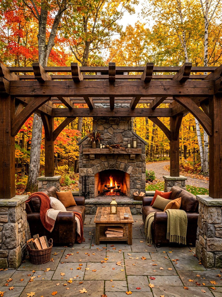Pergola with outdoor fireplace - 30 patio pergola ideas