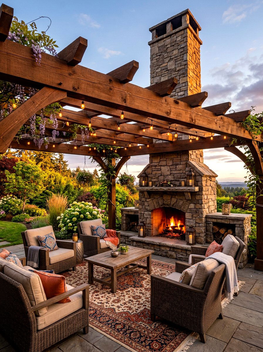 Pergola with outdoor fireplace - 30 pergola lounge patio ideas