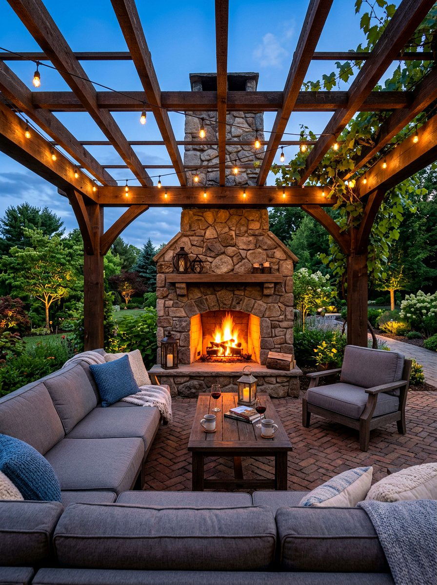 Pergola with outdoor fireplace seating - 30 open pergola seating ideas