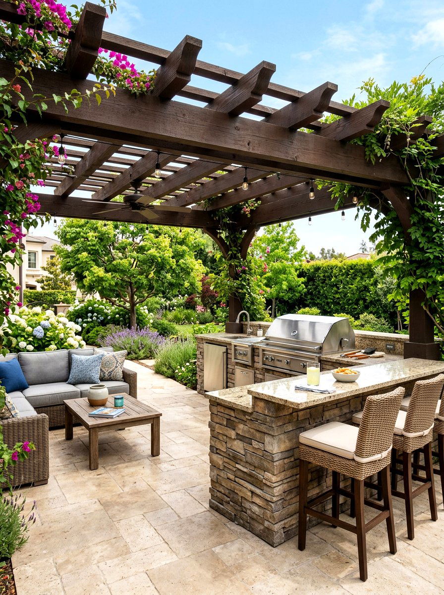 Pergola with outdoor kitchen - 30 pergola lounge area ideas