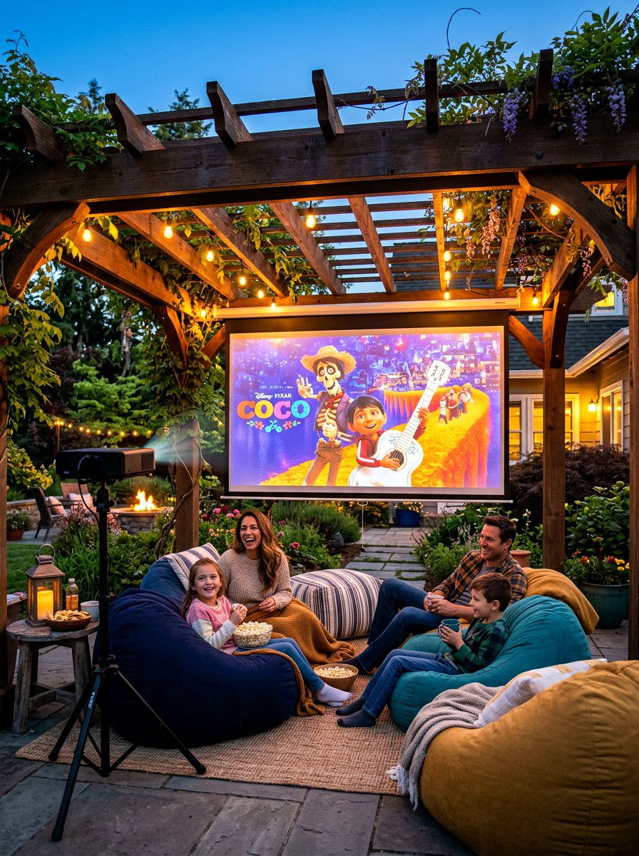 Pergola with outdoor movie screen - 30 pergola lounge patio ideas