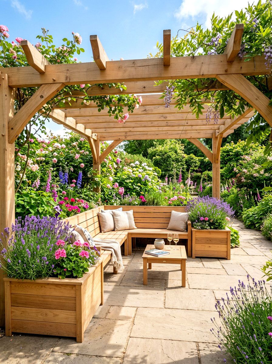 Pergola with planter box seating - 30 open pergola seating ideas