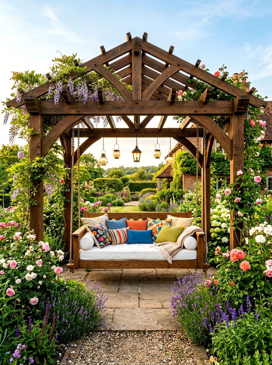 Pergola with porch swing seat - 30 open pergola seating ideas