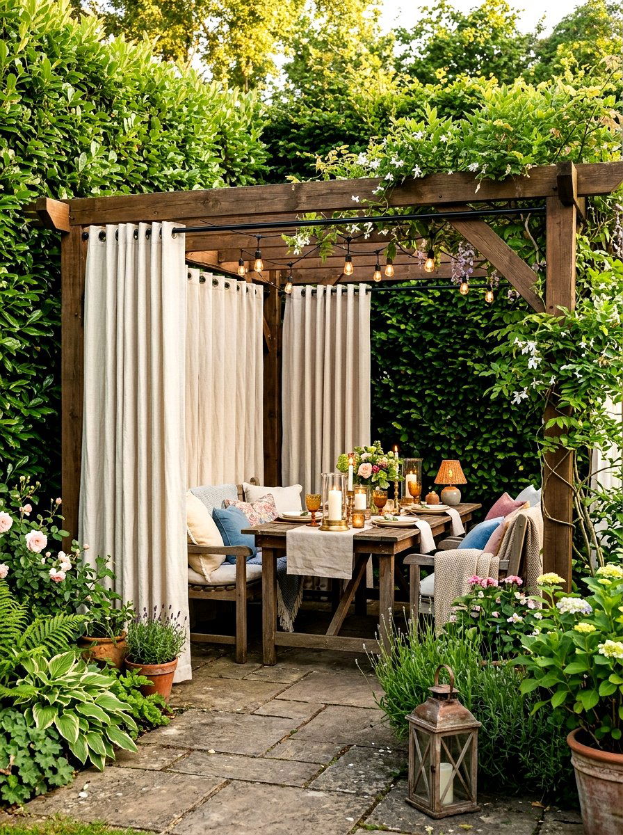 Pergola with privacy curtains - 30 pergola ideas