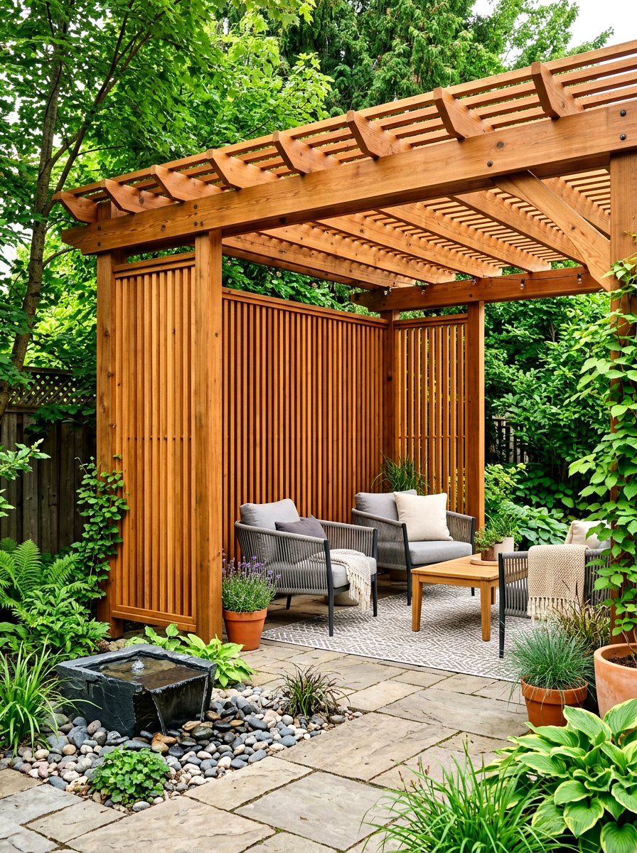 Pergola with privacy wood screens - 30 pergola lounge patio ideas