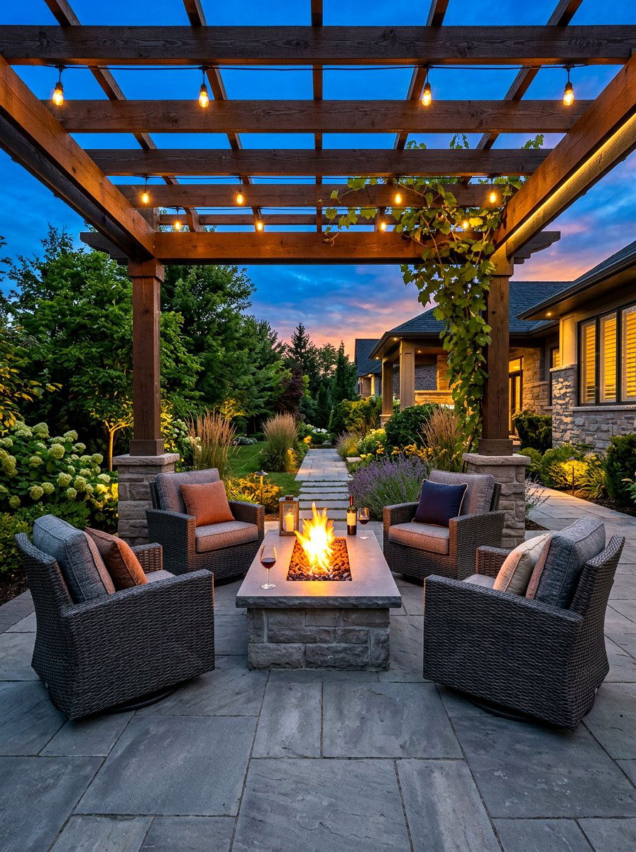 Pergola with stone fire table - 30 pergola lounge patio ideas