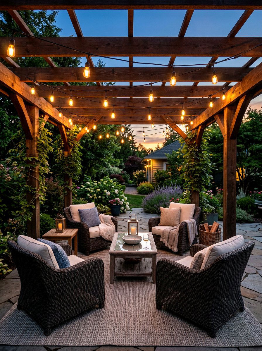 Pergola with string lights - 30 pergola lounge area ideas