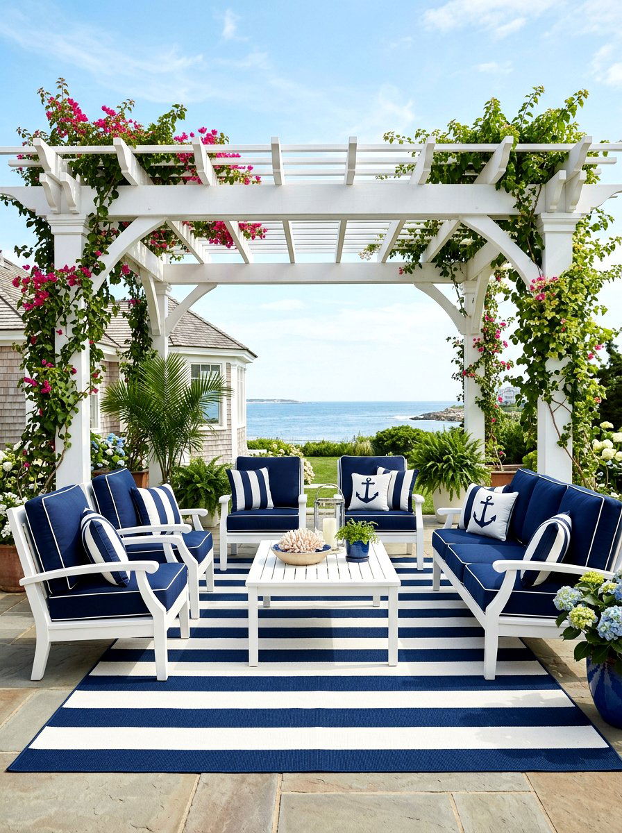 Pergola with striped outdoor rug - 30 pergola lounge patio ideas