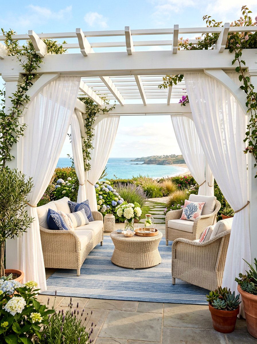 Pergola with white sheer curtains - 30 pergola lounge patio ideas
