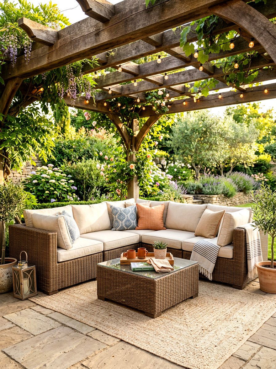 Pergola with woven wicker furniture - 30 pergola lounge patio ideas