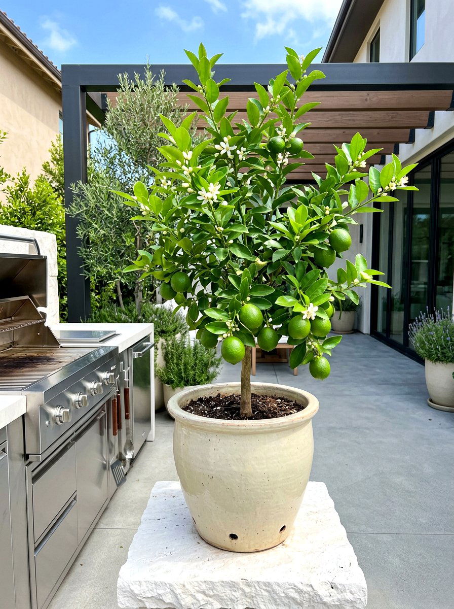 Persian Lime Tree Ceramic Pot Display - 30 citrus patio tree ideas