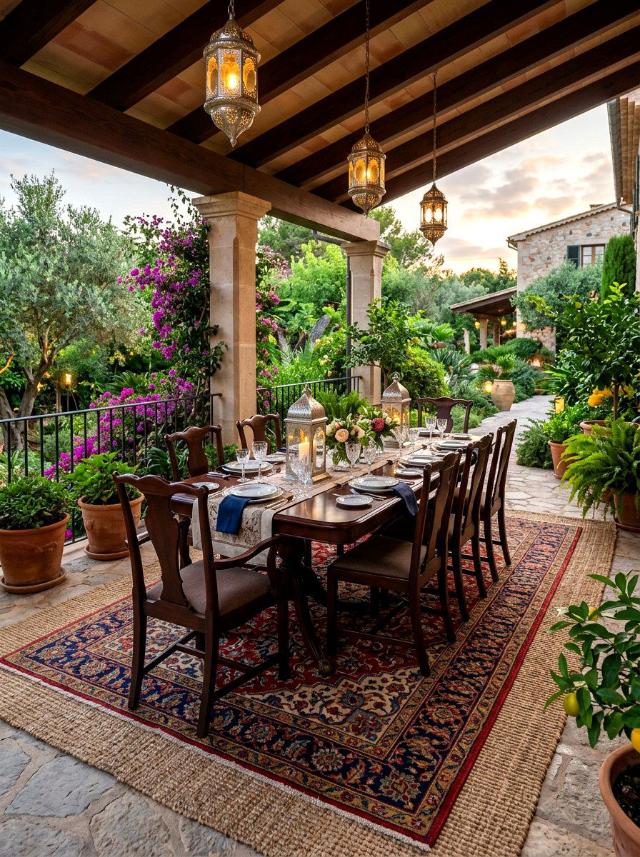 Persian Style Rug Over Textured Jute - 30 layered outdoor rug ideas