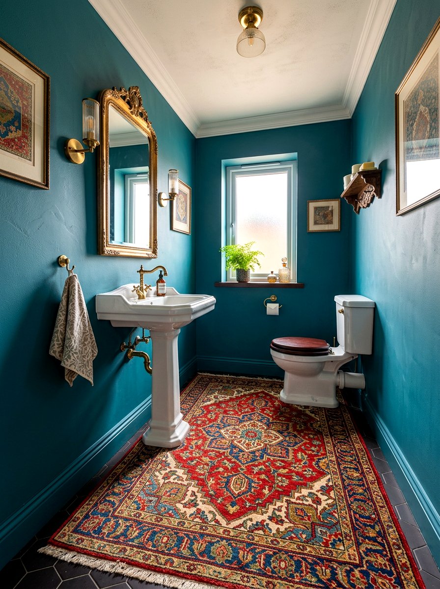Persian Style Rug - 30 deep teal powder room ideas