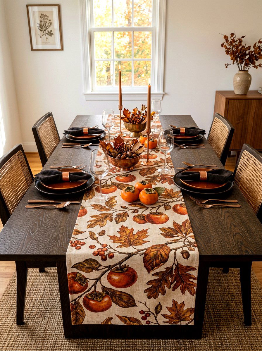 Persimmon and autumnal leaf runner - 30 fruit and floral tablescape ideas