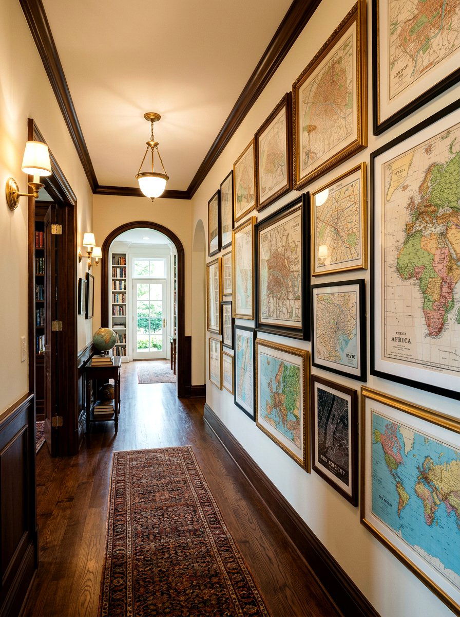 Personal map collection display - 30 hallway gallery wall ideas