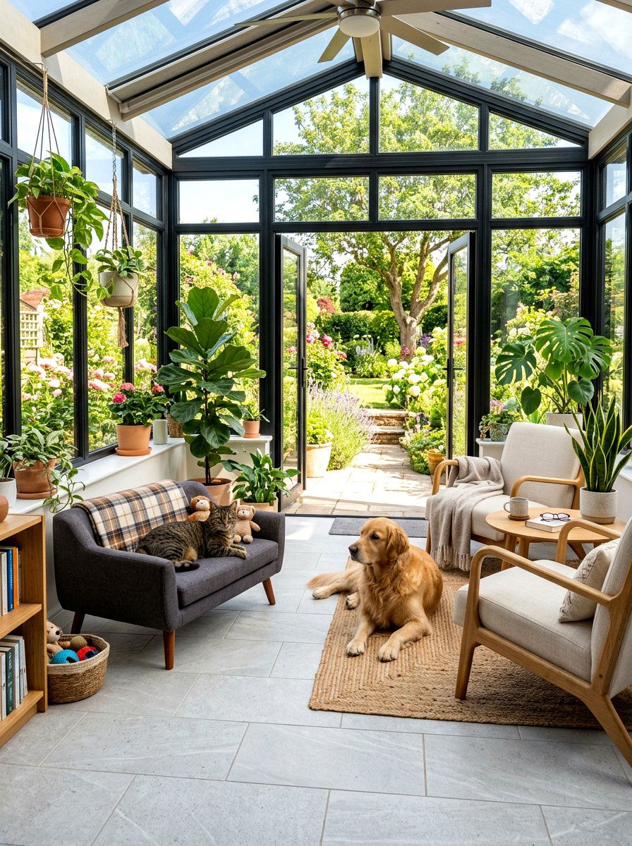 Pet Friendly Sunroom With Tiled Floor - 30 dog lounge room ideas