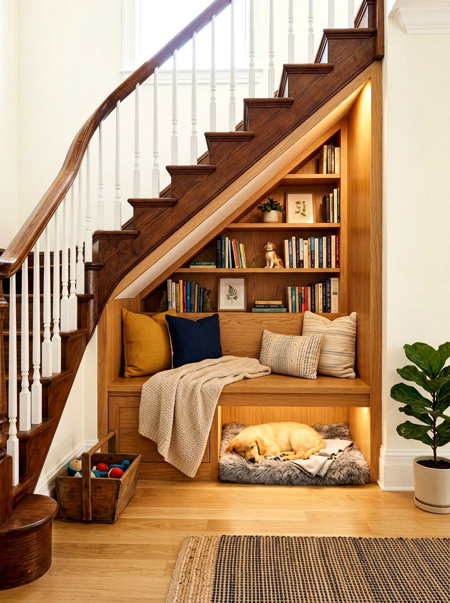 Pet Reading Nook - 30 under staircase pet nook ideas
