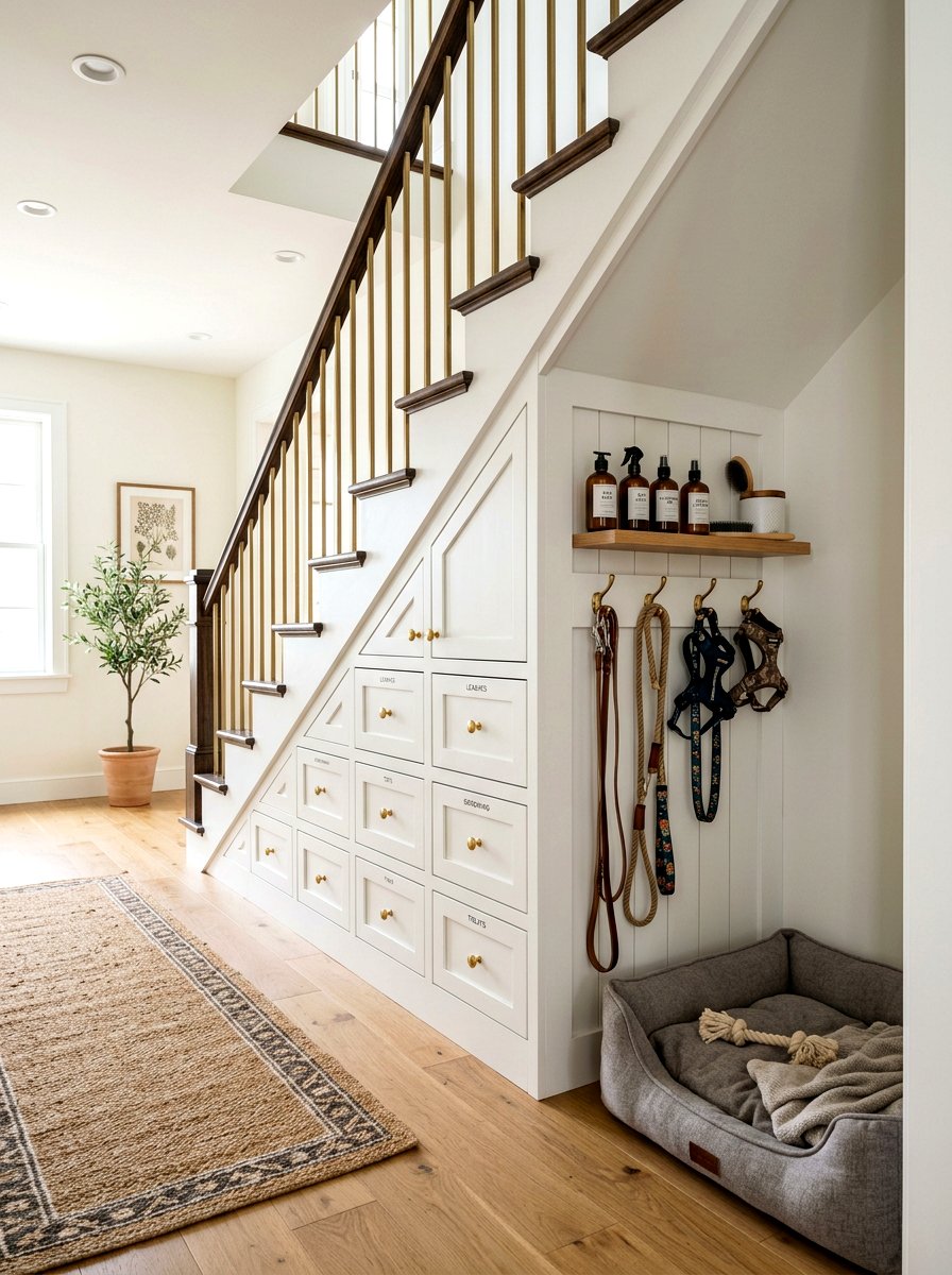 Pet room storage built ins