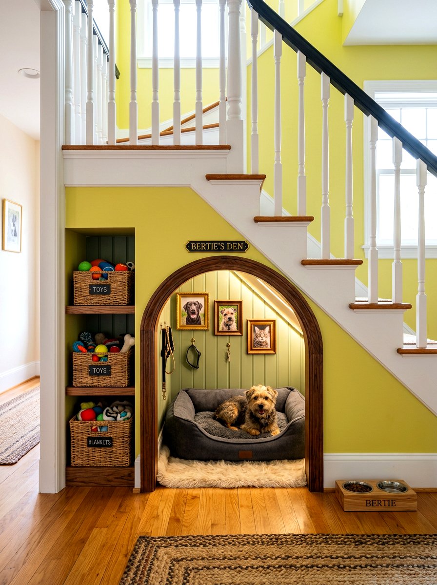 Pet room under stairs - 30 stair nook decor ideas