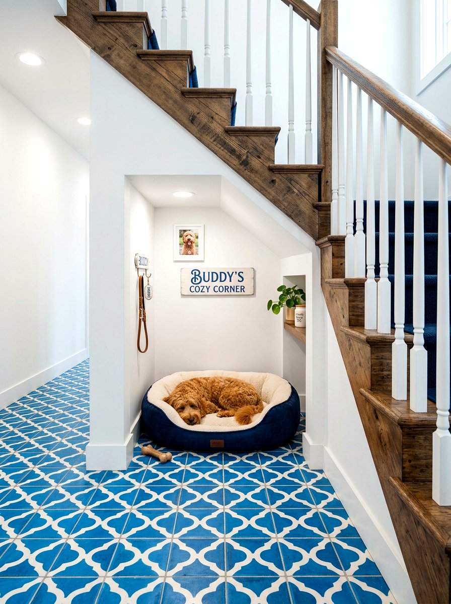 Pet room with patterned floor - 30 under stairs pet room ideas aesthetic